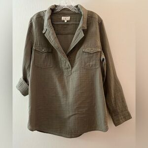 Lou & Grey Olive Green Gauzy Cotton Women's Top